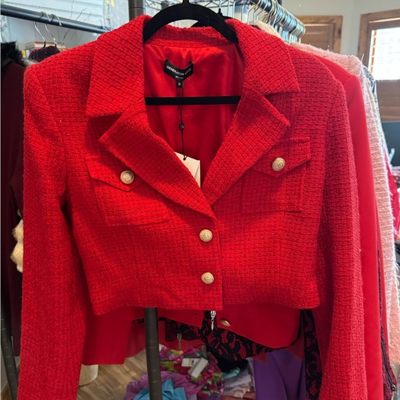 Generation Love Bright Red Tweed CroppedDouble-Breasted Blazer with Gold Buttons - Picture 5 of 5